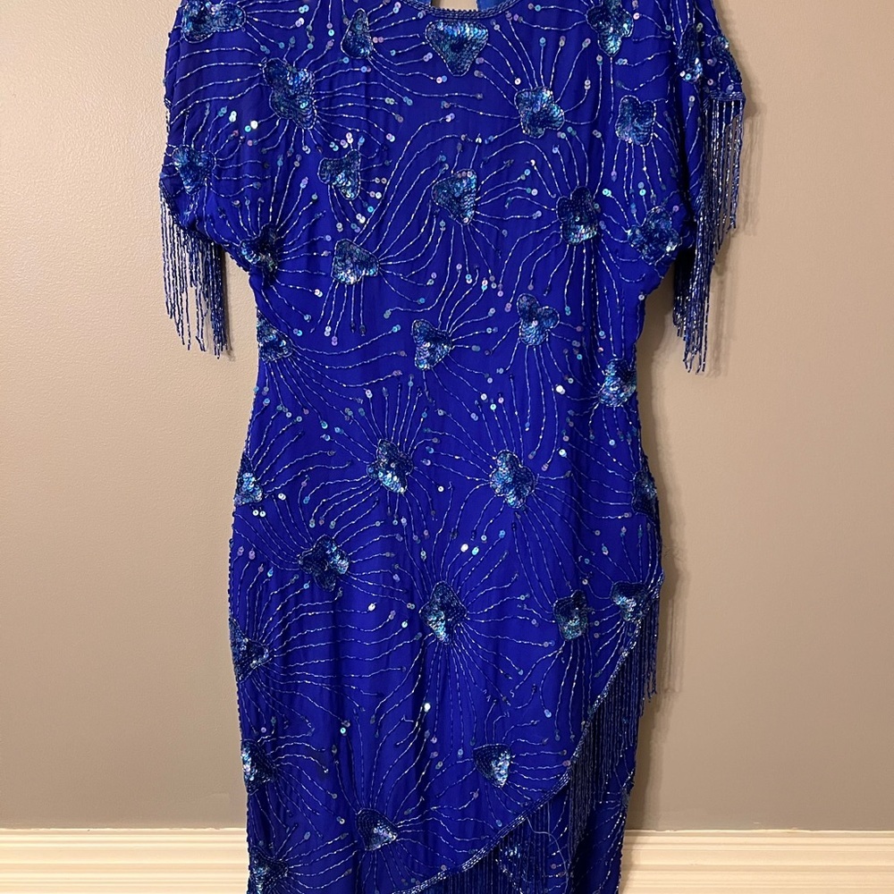 Stenay Vintage Royal Blue Sequin Beaded Tassel Cocktail Dress 100% Silk - Picture 3 of 15